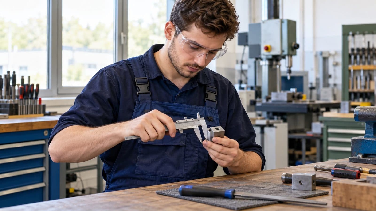 A young worker in blue overalls and safety glasses measuring a metal part with a caliper in a workshop
