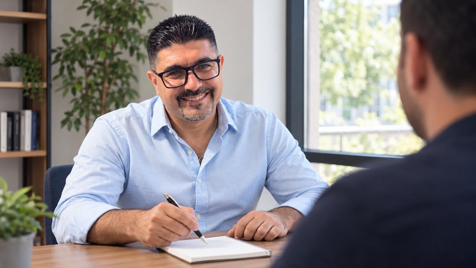Husam Noaman smiling and taking notes during a one-to-one conversation at a table
