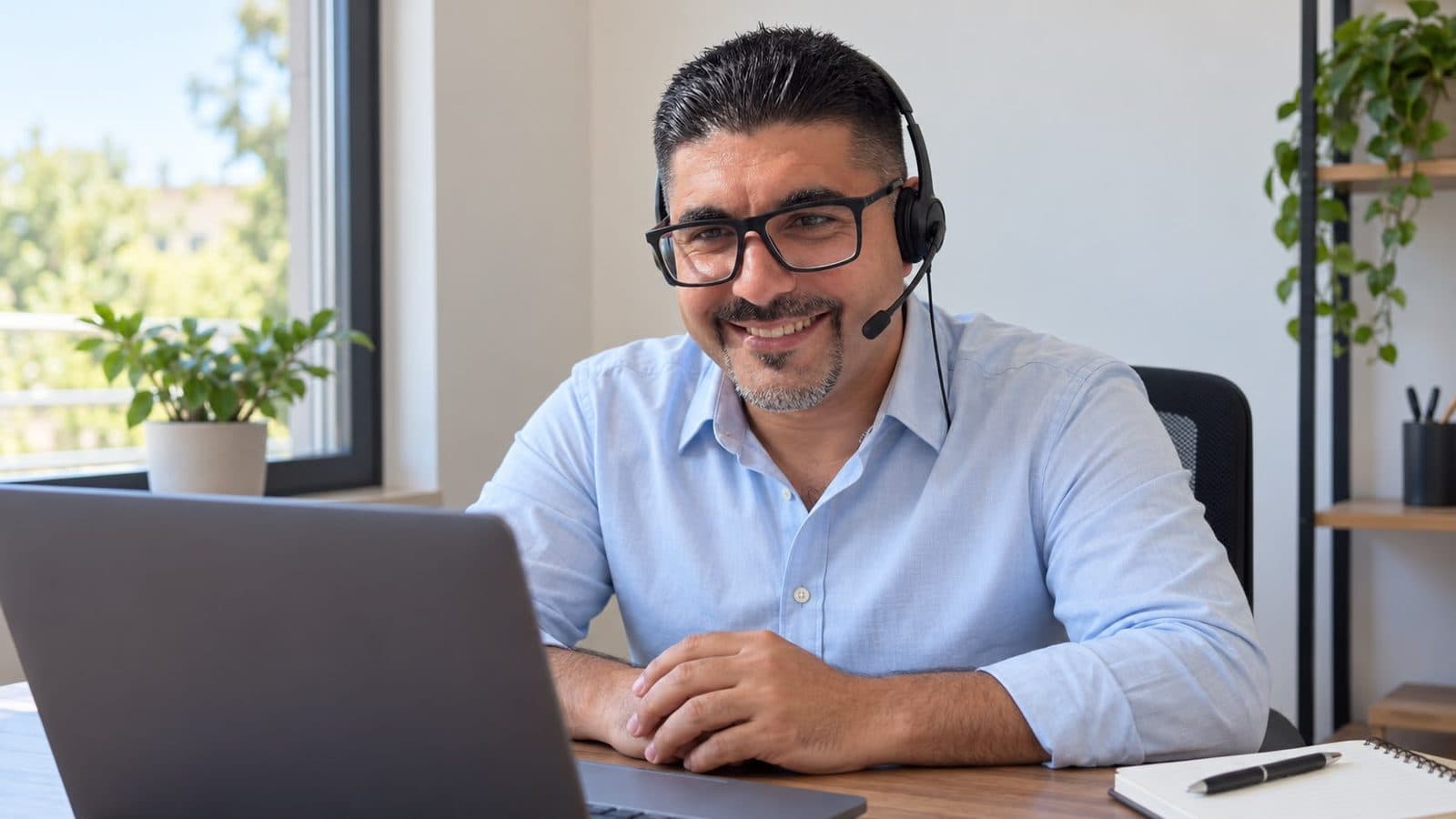 Husam Noaman smiling in a video call, wearing a headset, with a laptop in front of him