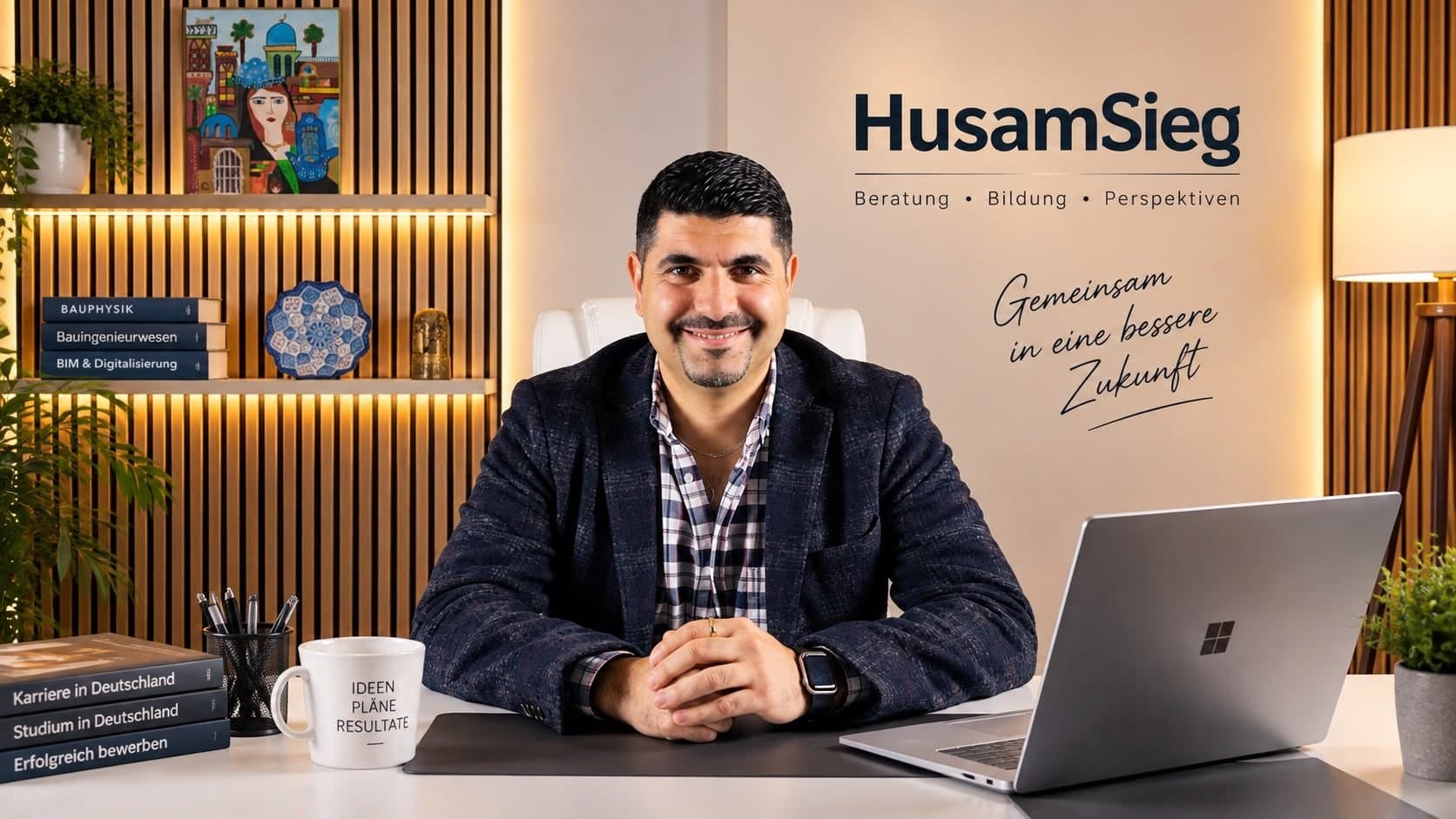 Husam Noaman smiling at his desk in a warmly lit office, with the HusamSieg logo on the wall behind him