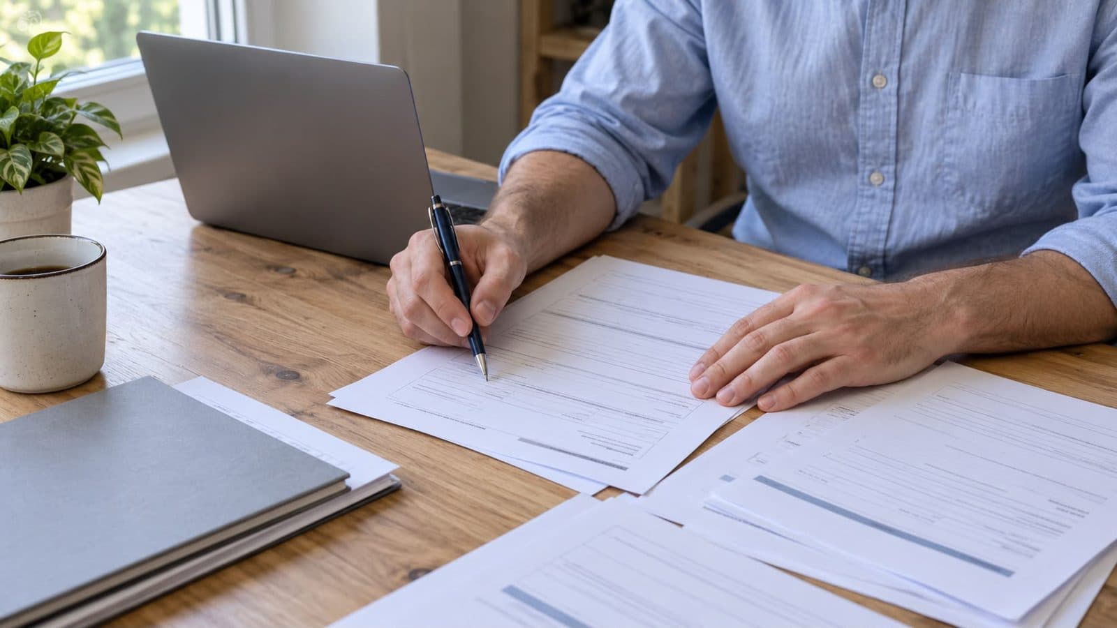 A person filling in forms at a wooden desk, with a laptop, a folder and a coffee cup beside them